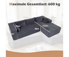 Promotion Modulinė kampinė sofa 4 asmenims su šezlongu, pilka, velveto audinys, 275 x 177 x 58 cm
