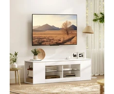 TV staliukas Koduva 140 cm TV stovas, balta, 6 skyriai, 2 stiklinės lentynos, medžio drožlių plokštė