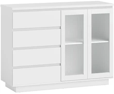TV staliukas Koduva Pastatoma spintelė, 4 stalčiai, 2 stiklinės durys, modernus dizainas, MDF, balta