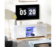 TV staliukas Koduva TV spintelė su LED apšvietimu, 2 durelės, stiklinė lentyna, kabelių angos, balta, 120 x 34 x 45 cm