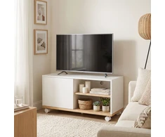 TV staliukas Koduva TV stovas ant ratukų su stabdžiais, baltas ir ąžuolo, 80 x 45 x 41 cm