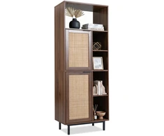 TV staliukas Promotion Ruda daiktų spintelė su 2 rotango durelėmis ir 5 skyriais, 60 x 35 x 157 cm