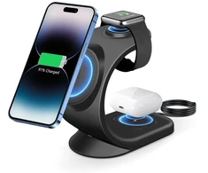 Telefono laikiklis su nuotolinio įkrovimo funkcija telefonui, laikrodžiui, ausinėms