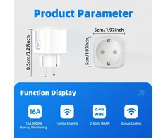 Tuya išmanus rozetės kištukas, baltas, valdomas programėle, balsu, veikia su Google assistant, amazon alexa balso kontrole