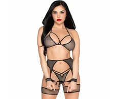 Leg Avenue Sets Leg Avenue 89362 Mesh Top, Thong, Garter Belt &amp; Cuffs Set Juodas One Size