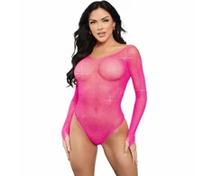 Leg Avenue Teddies Leg Avenue Crystalized Bodysuit Fuchsia Mesh Long Sleeve One Size
