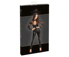 Noir Handmade Powerwetlook Jumpsuit S, Velvet Flock Top, Juodas
