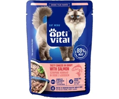 OPTIVITAL Tasty shreds in gravy with lašiša – šlapias kačių maistas – 85g