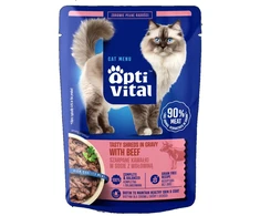 OPTIVITAL Tasty shreds in gravy with jautiena – šlapias kačių maistas – 85g