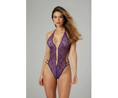 Ayisigi Renee Lace Thong Bodysuit Violetinė - Elegant Open Design, Rhinestone Detail S/M