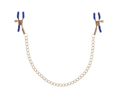 Sportsheets Cougar Adjustable Gold Chain Nipple Clamps with Mėlyna Tips