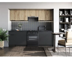EMMA 240 kitchen set, color: front - artisan oak / juodas, body – carbon wood, worktop – juodas