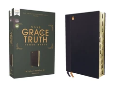 KNYGA Mohler, Jr., R. Albert NASB, The Grace and Truth Study Bible (Trustworthy and Practical Insights), Leathersoft, Navy, Raudona Letter, 1995 Text, Thumb Indexed, Comfort Print