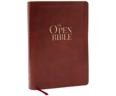 KNYGA Bookshop Open Bible: Read and Discover the Bible for Yourself (NKJV Brown Leathersoft, Raudona Letter, Comfort Print)