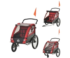 HOMCOM 3 in 1 vaikiška priekaba vaikiška jogger dviračio priekaba su 360 laipsnių pasukama priekinių ratų ratų priekaba 2 vaikams su vibracijos slopinimo sistemos laikymo maišeliu apsauga nuo oro sąlygų aliuminio raudona