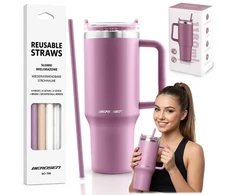Berdsen rožinis vakuuminis termosas-puodelis su šiaudelių rinkiniu 1180 ml