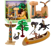 Lean Toys Indėnų figūrėlių rinkinys su kanoja ir totemu