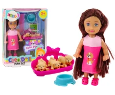 Lean Toys Lėlė su ilgais plaukais ir trimis šuniukais guolyje