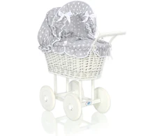 My Sweet Baby Lėlės pintas vežimėlis su pilka patalyne – baltas