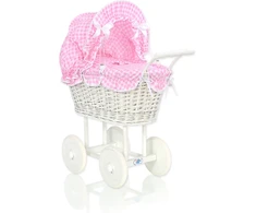 My Sweet Baby Lėlių pintas vežimėlis su rožine patalyne – baltas