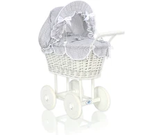 My Sweet Baby Lėlės pintas vežimėlis su pilka patalyne – baltas