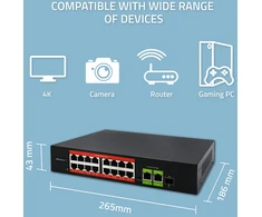 Šakotuvas „Qoltec SWITCH“ greito Ethernet „PoE“ tinklo komutatorius | 16x RJ45 10/100 Mb/s | 2x RJ45 Uplink 1000 Mb/s | 1x SFP 1000 Mb/s