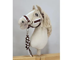 Super Hobby Horse Hobio žirgo kantaras A3 su baltais pūkais ir balta-ruda pavadėliu