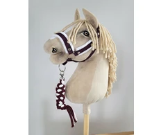 Super Hobby Horse Hobio žirgo kantaras A3 su baltais pūkais ir pavadžiu (balta-vyšninė)
