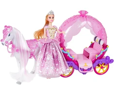 Rožių vežimas su baltu arkliu ir princesės lėle