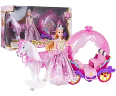Rožių vežimas su baltu arkliu ir princesės lėle