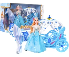 Žaidimų rinkinys su mėlynu vežimu, baltu arkliu ir princesės lėle