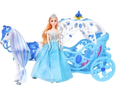 Žaidimų rinkinys su mėlynu vežimu, baltu arkliu ir princesės lėle