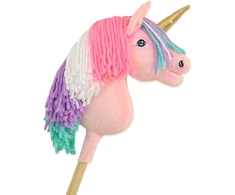 Super Hobby Horse Vienaragis ant lazdos Hobby Horse rožinis su spalvota karčiene ir auksiniu ragu
