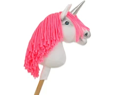 Super Hobby Horse Vienaragis Hobby Horse lazdoje su neonine rožine karčiene ir sidabriniu ragu