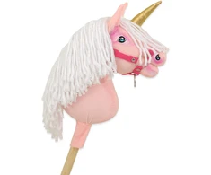 Super Hobby Horse Hobby Horse vienaragis ant lazdos rožinis su balta karčiene ir auksiniu ragu