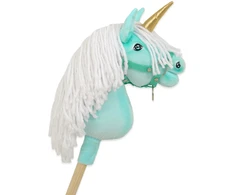 Super Hobby Horse Vienaragis Hobby Horse su lazda mėtų spalvos su balta karčiais ir auksiniu ragu