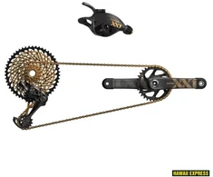 Pavarų grupė SRAM XX1 Eagle DUB Groupset (Rear Der, Trig Shifter w Clamp, Crankset DUB 12s 175 BOOST DM 34t X-SYNC Chainring, Gold Chain 126 links 12s, Cassette XG-1299 10-50t, Chaingap Gauge) Gold