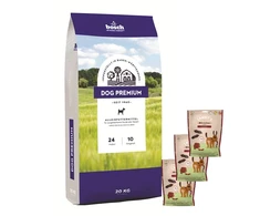 Bosch Tiernahrung bosch Dog Premium 20kg + Sammys dešrelės iš buivolo 240g x 3
