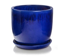 POLNIX Keraminis vazonas GLAZED, apvalus, su lėkštele, mėlynas, 23 x 19(A) cm