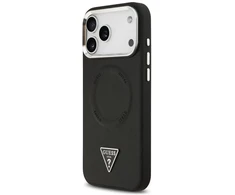 Guess PU odos dėklas su trikampiu logotipu ir MagSafe funkcija, skirtas iPhone 17 Pro Max, juodos spalvos