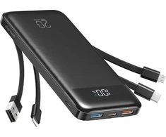 Nešiojamoji baterija Charmast W1148 5V 3A 10000 mAh su integruotais laidais USB A / USB C / Lightning / Micro USB juodas