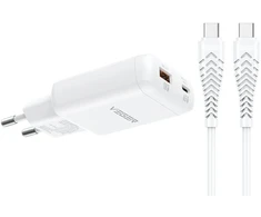 Telefono įkroviklis USB A + C tipo PD 65W + duomenų kabelis C tipo į C tipo 100W VEGER TR122 baltas