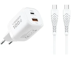 Telefono įkroviklis VEGER USB A + C tipo PD Super Charge PPS 100W + duomenų kabelis C tipo į C tipo 240W TR150 baltas