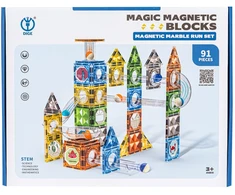 Magnetinės konstruktoriaus kaladėlės su rutuliukų trasa 91 detalės