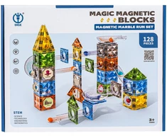 Magnetinės konstruktoriaus kaladėlės su rutuliukų trasa 128 spalvotų detalių