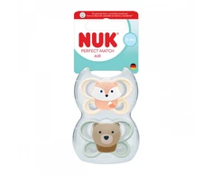 NUK MommyFeel čiulptukas Perfect Match Air FOX/BEAR 0-2 mėn., 2 vnt. dėžutėje