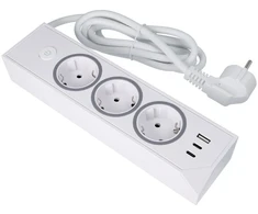 Oem rozetė su 3 lizdais, maks. 3680W, 1xUSB A, 2x type C 25W jungtys su 1,5 m maitinimo laidu E59 balta
