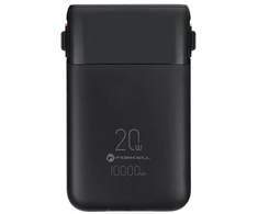 FORCELL F-ENERGY F10K6 daugiafunkcis nešiojamas įkroviklis su įmontuotais C tipo ir „Lightning“ laidais PD QC3.0 3A 22,5W 10000 mAh juodas