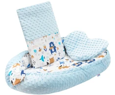 Prabangus kūdikio lizdas su pagalve ir antklode New Baby iš Minky mėlynas
