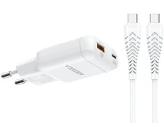 Telefono įkroviklis USB A + C tipo PD 45W + duomenų kabelis C tipo į C tipo 100W VEGER TR121 baltas